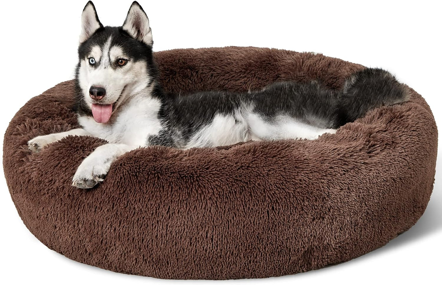 Bedsure Calming Dog Bed for Large Dogs - Donut Washable Large Pet Bed, 36 inches Anti-Slip Round Fluffy Plush Faux Fur Dog Bed, Fits up to 80 lbs Pets, Coffee