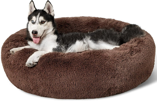 Bedsure Calming Dog Bed for Large Dogs - Donut Washable Large Pet Bed, 36 inches Anti-Slip Round Fluffy Plush Faux Fur Dog Bed, Fits up to 80 lbs Pets, Coffee