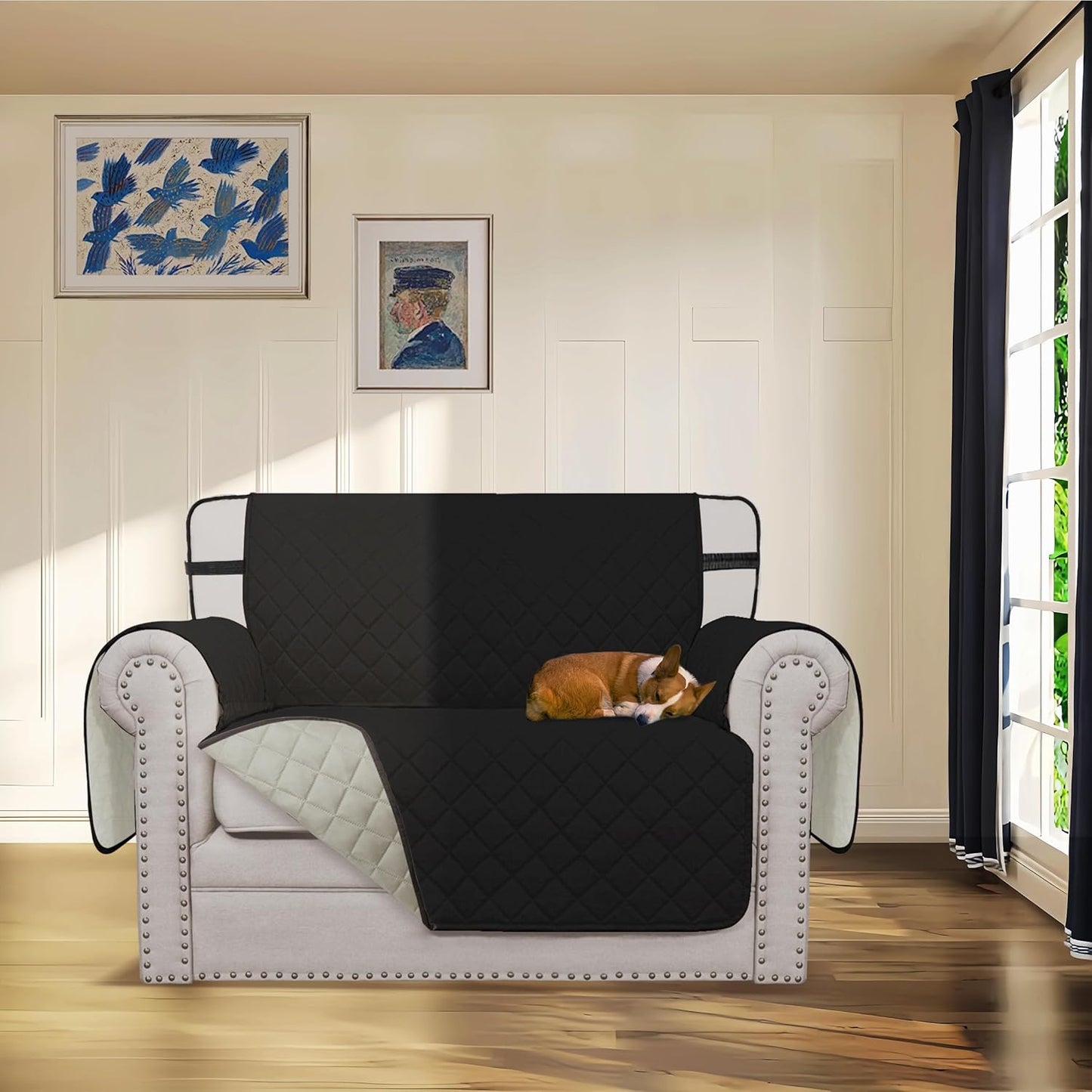 Easy-Going Reversible Chair Cover Washable Sofa Cover for Dogs Water Resistant Couch Slipcover Furniture Protector Cover with Adjustable Straps for Pets (Chair 30 in, Black/Beige)