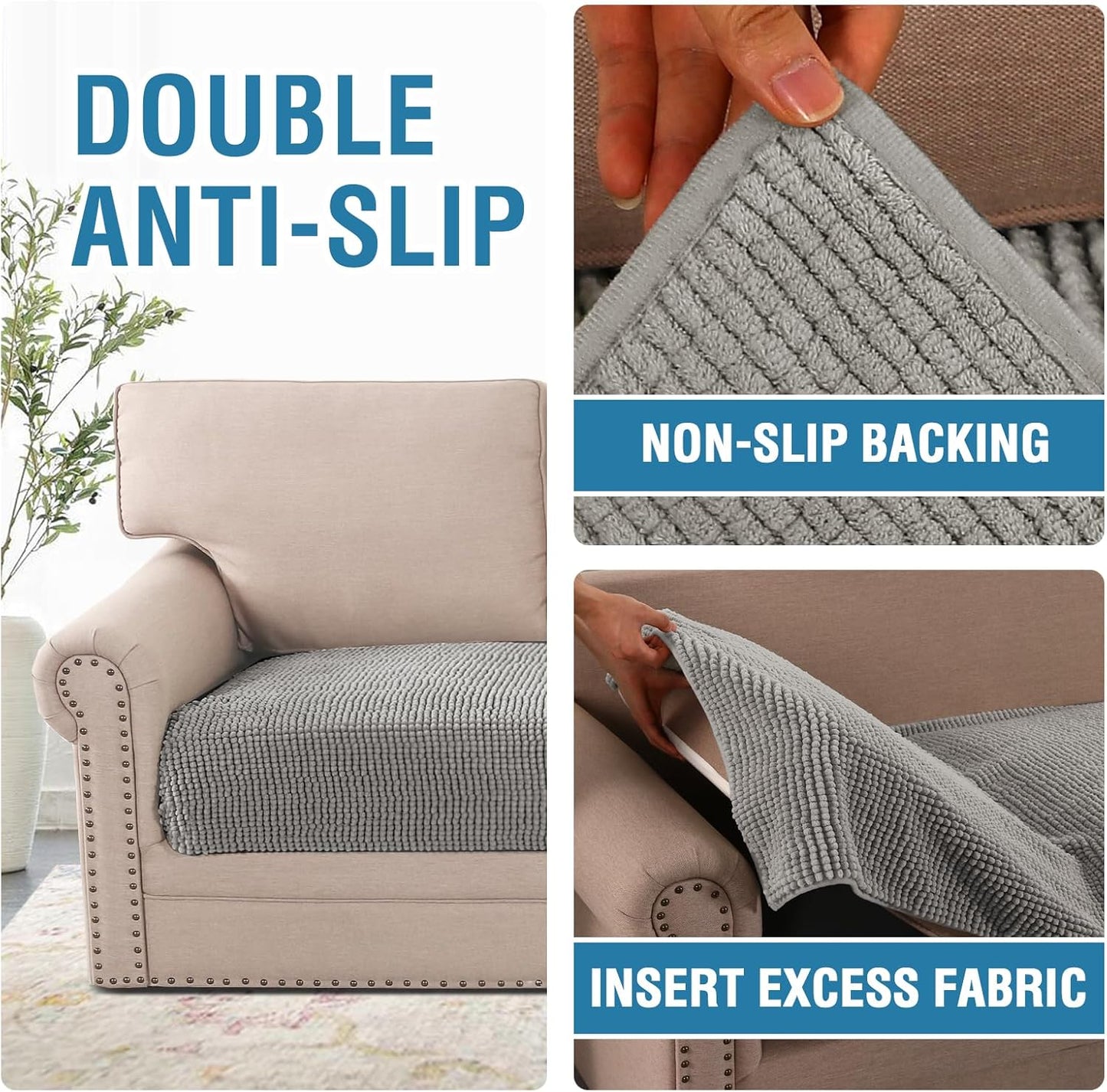 H.VERSAILTEX Plush Chenille Dog Bed Cover Thick Soft Sofa Cover for 3 Cushion Couch Anti Slip Couch Cover Furniture Protector for Dog, Pet, Cat (35" x 82", Dove)