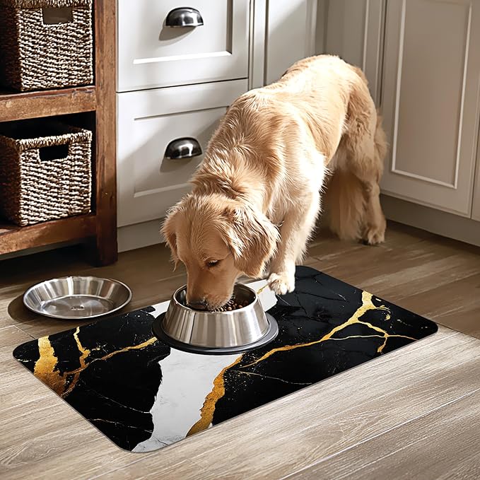 Black Gold Marble Dog Cat Food Mat-Absorbent Placemat for Food and Water Bowl, Waterproof Non Slip Rubber Backing Dog Food Mats for Floors, Pet Supplies 12 * 20 inch