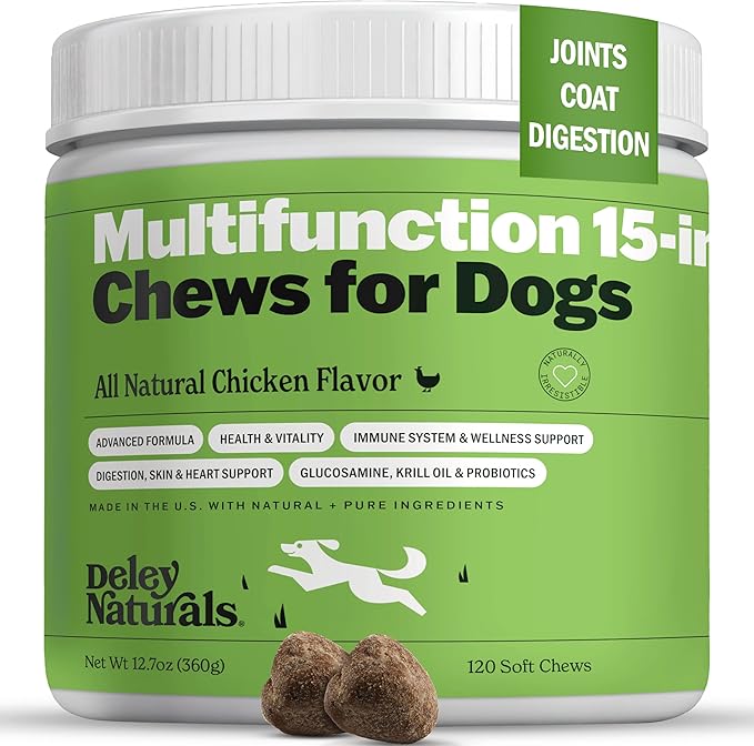 Deley Naturals 15 in 1 Multivitamin for Dogs - Complete Dog Vitamins and Supplements for Immune Support, Joint, Skin, Digestion, Heart & Overall Health - Daily Multifunction Supplements - 120 Chews