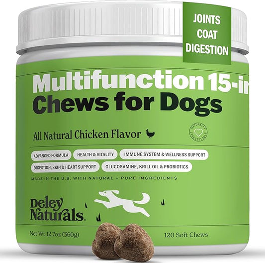 Deley Naturals 15 in 1 Multivitamin for Dogs - Complete Dog Vitamins and Supplements for Immune Support, Joint, Skin, Digestion, Heart & Overall Health - Daily Multifunction Supplements - 120 Chews