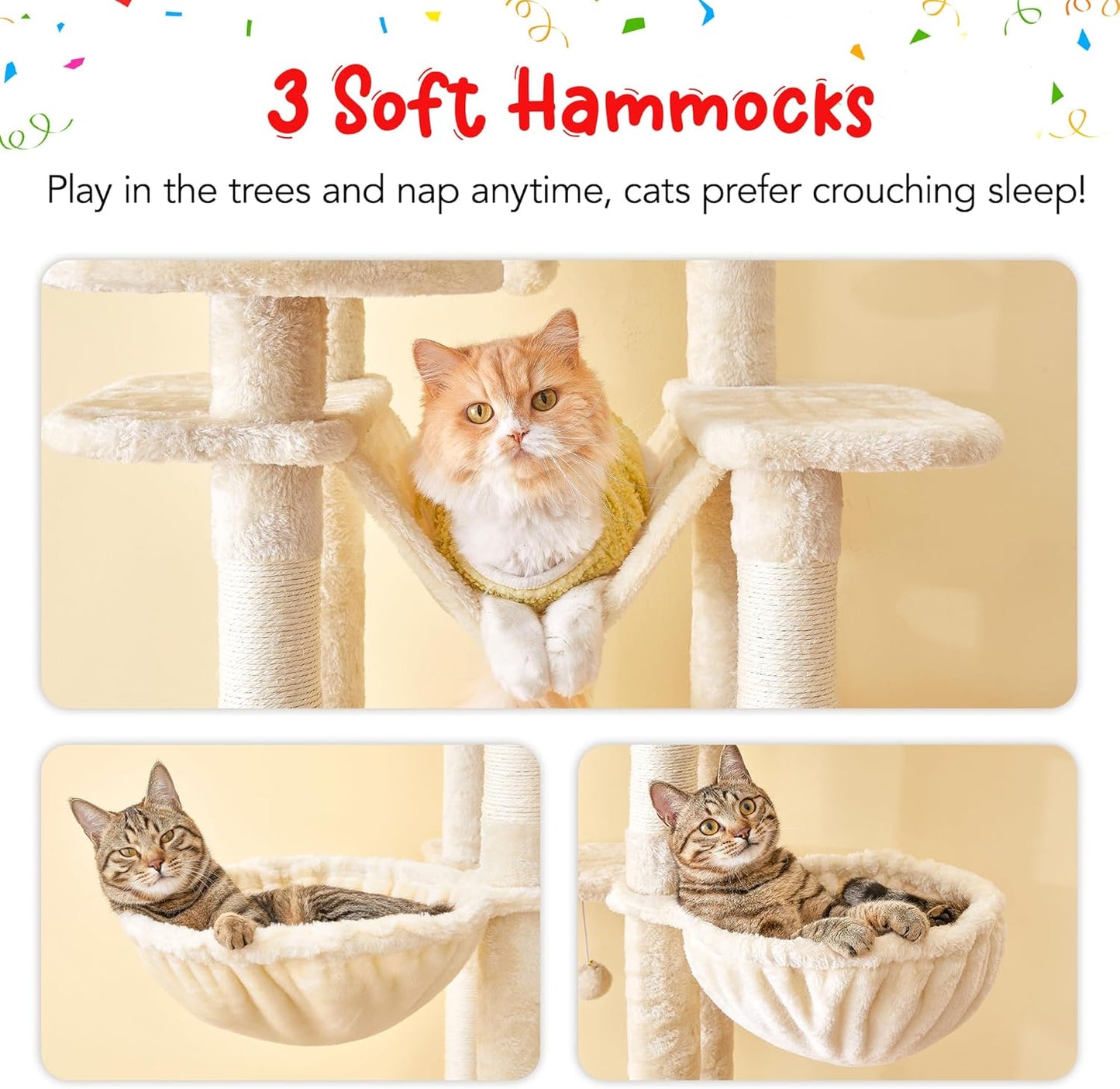 66-Inch Tall Cat Tree for Indoor Cats, Multi-Level Large Cat Tower with 3 Hammocks, 2 Padded Perches, cat Tree Tower with Scratching Post and Hanging Toys for Large Adult, Beige