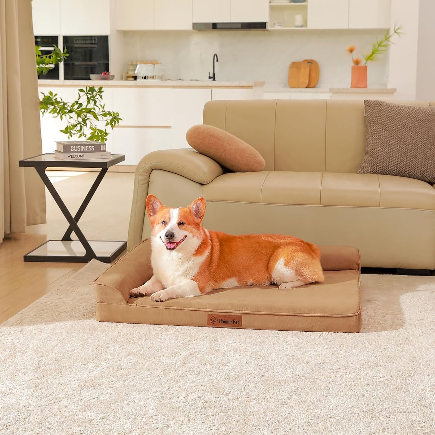 Orthopedic Dog Beds Large Sized Dog, Memory Foam Pet Bed for Medium and Large Dogs, Removable and Washable Microsuede Cover, TPU Waterproof Liner, Nonskid Bottom, 41x27x6 Inches, Khaki