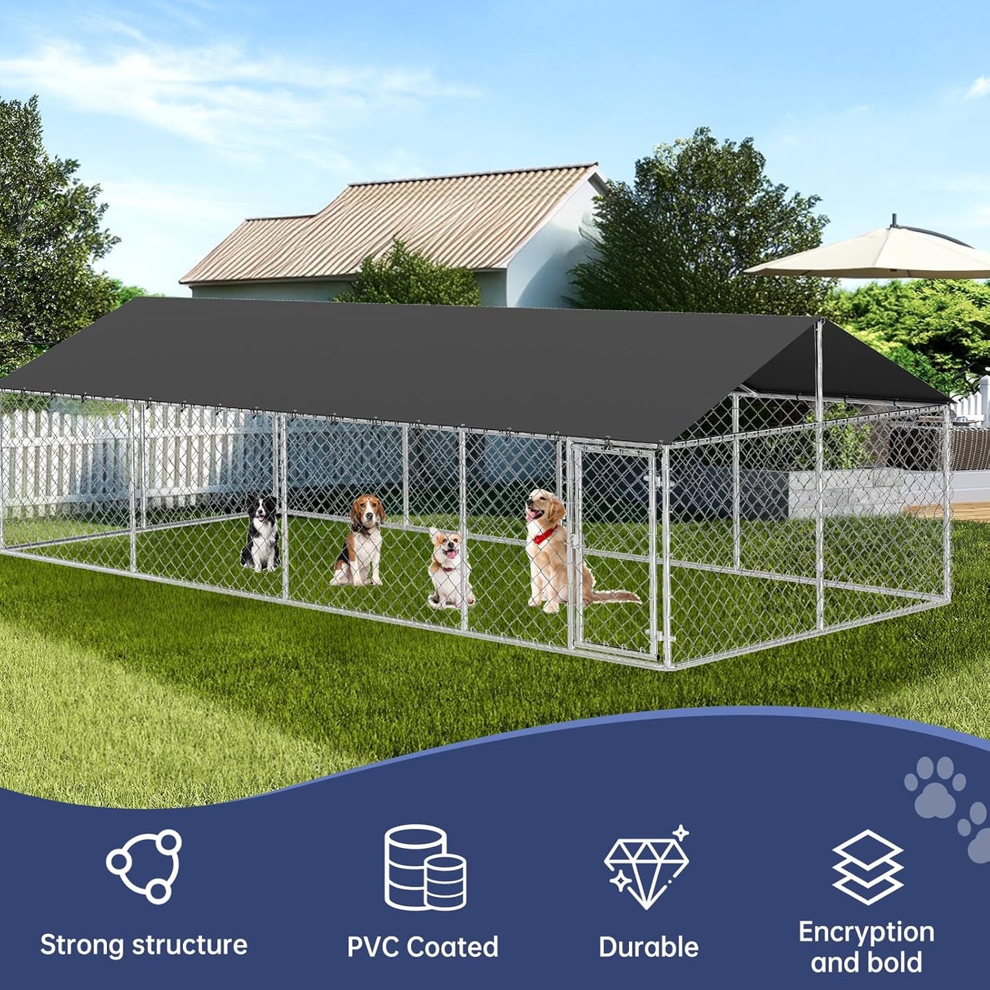 Outdoor Dog Enclosure Heavy Duty Dog Kennel House Mesh Dog Big Cage Pet Kennel Steel Fence with Secure Lock(236”x 118”)