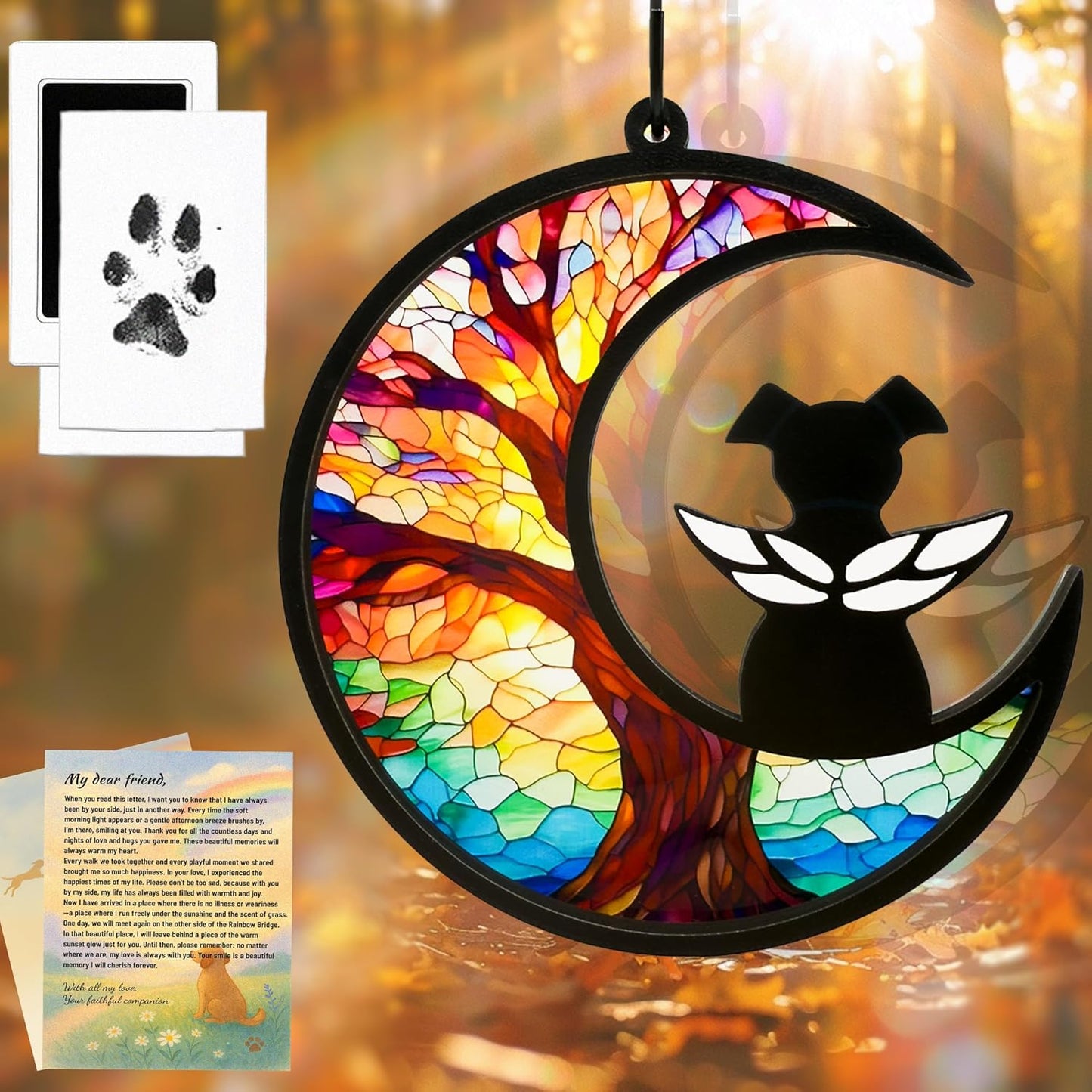 Dog Memorial Gift for Loss of Dog – DIY Angel Memorial Suncatcher & Paw Print Kit for Dogs with Sympathy Card | Pet Memorial Keepsake(Tree of Life)