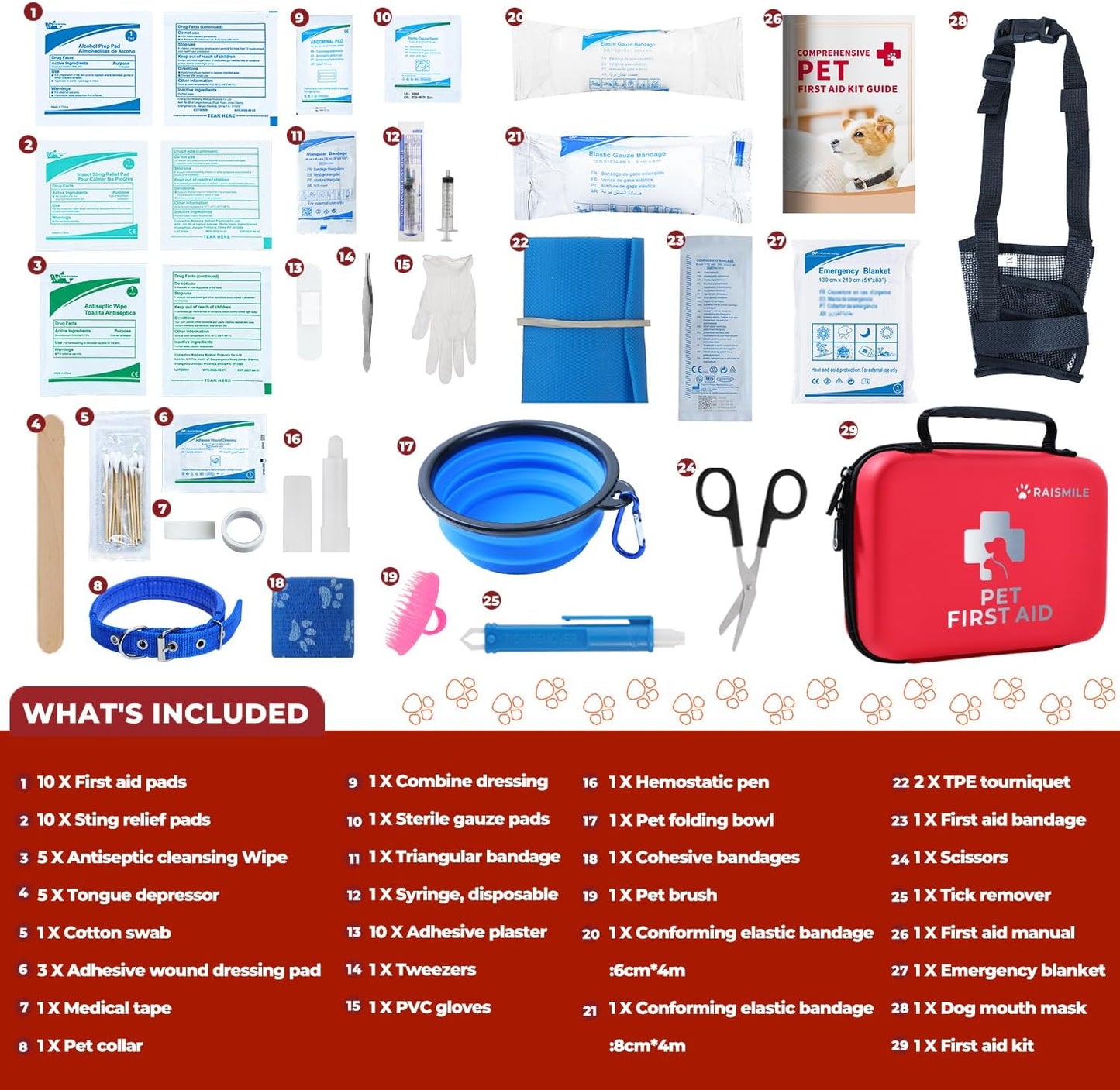 Dog First Aid Kit, Pet First Aid Supplies for Treat Dogs & Cats in an Emergency, Ideal for Use at Home, Outdoors, Traveling