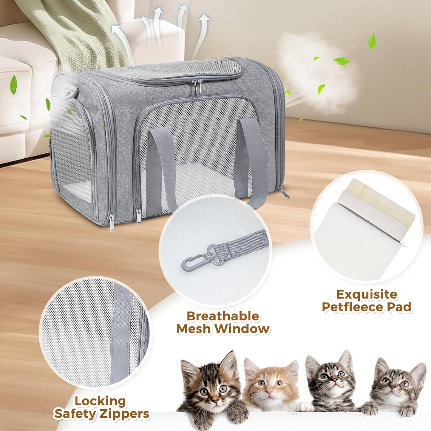 Airline Approved Pet Carrier 17"x11"x11" – Soft Sided Cat Dog Travel Bag for Small Pets up to 15 lbs, Portable Collapsible Pet Carrier Under Seat with Mesh Ventilation & Shoulder Strap (Grey)
