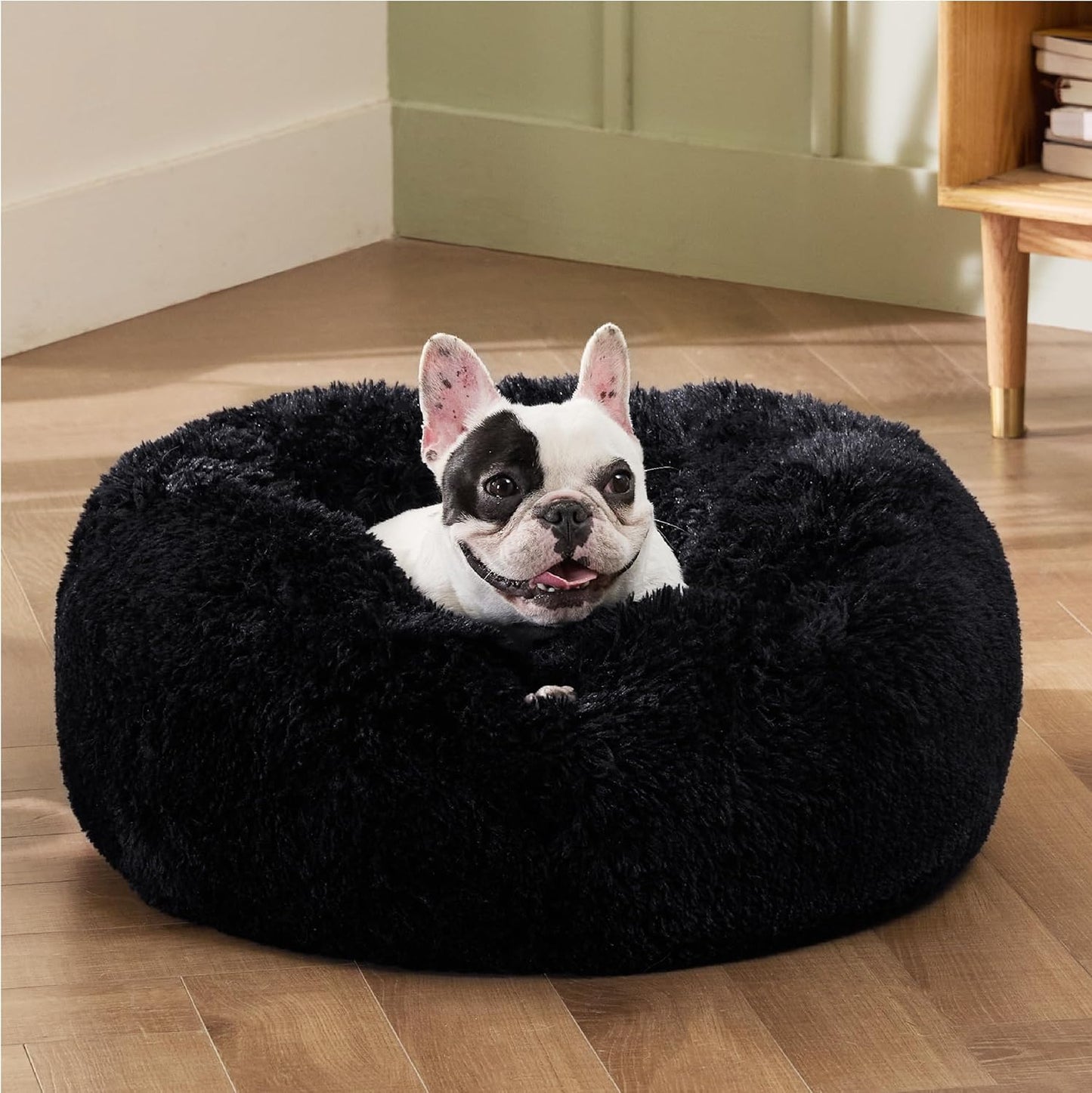 Bedsure Calming Dog Bed for Small Medium Dogs - Donut Washable Medium Pet Bed, 27 inches Anti-Slip Round Fluffy Plush Faux Fur Cat Bed, Black