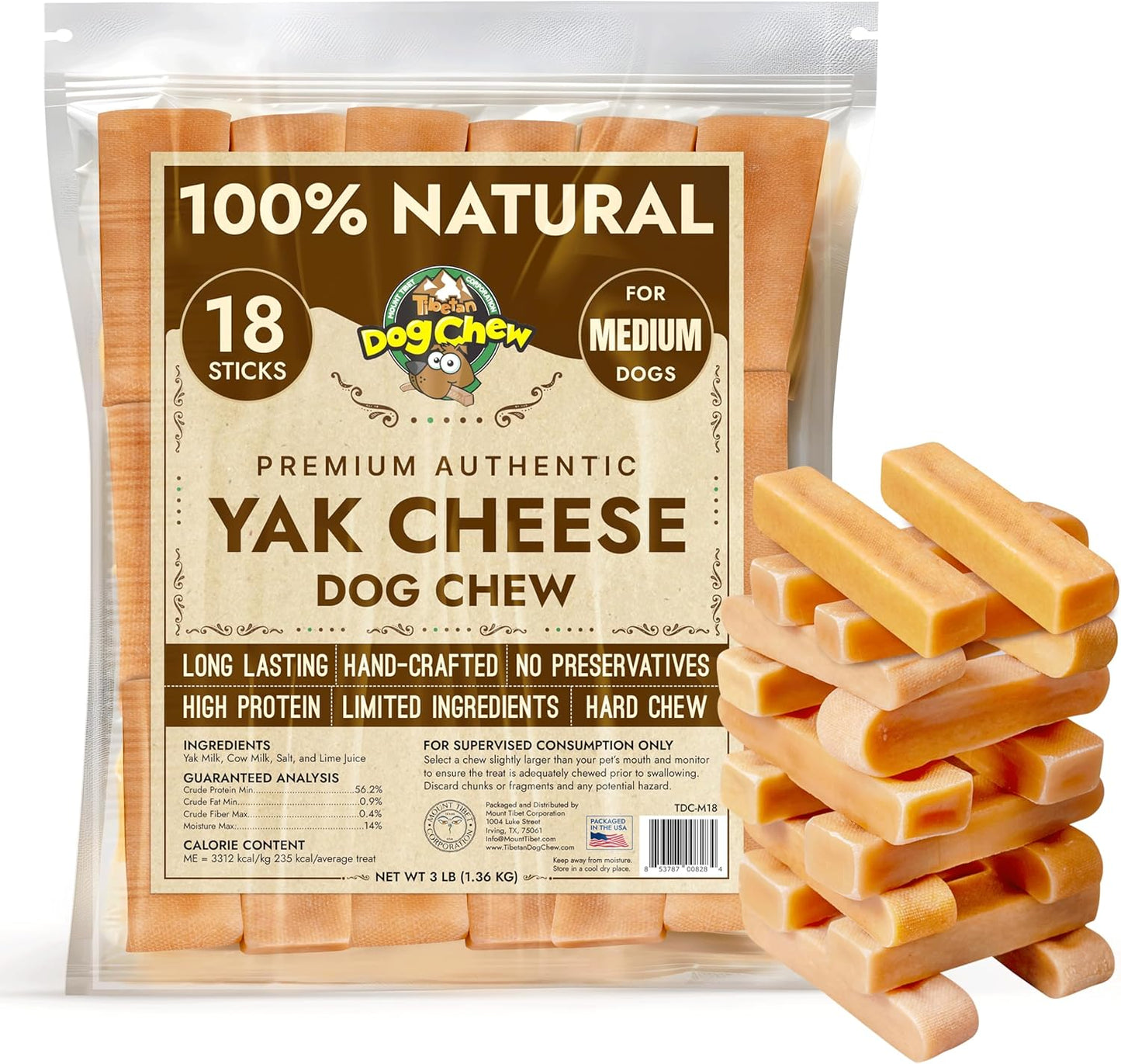 Tibetan Dog Chew Yak Cheese Sticks (18 Medium Chews) - Natural Handmade Treats for Medium Dogs, Long-Lasting, Easy to Digest, No Additives, Rawhide, Grains or Gluten, Perfect for Aggressive Chewers