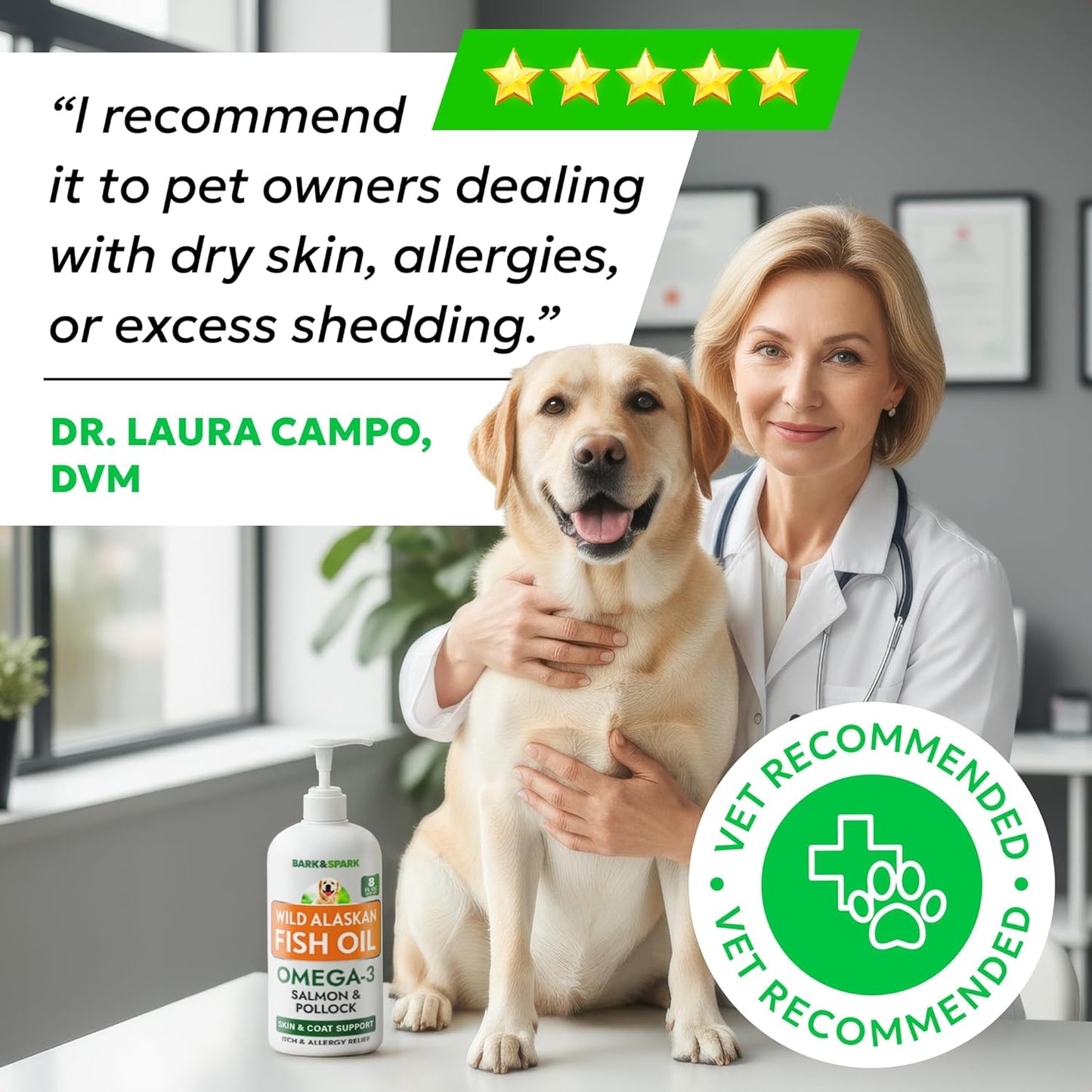 Bark&Spark Fish Oil for Dogs - Natural Omega-3 - Skin & Coat Support - Liquid Food Supplement for Pets - Natural EPA + DHA Fatty Acids for Joint Function, Immune & Heart Health 8oz - Salmon