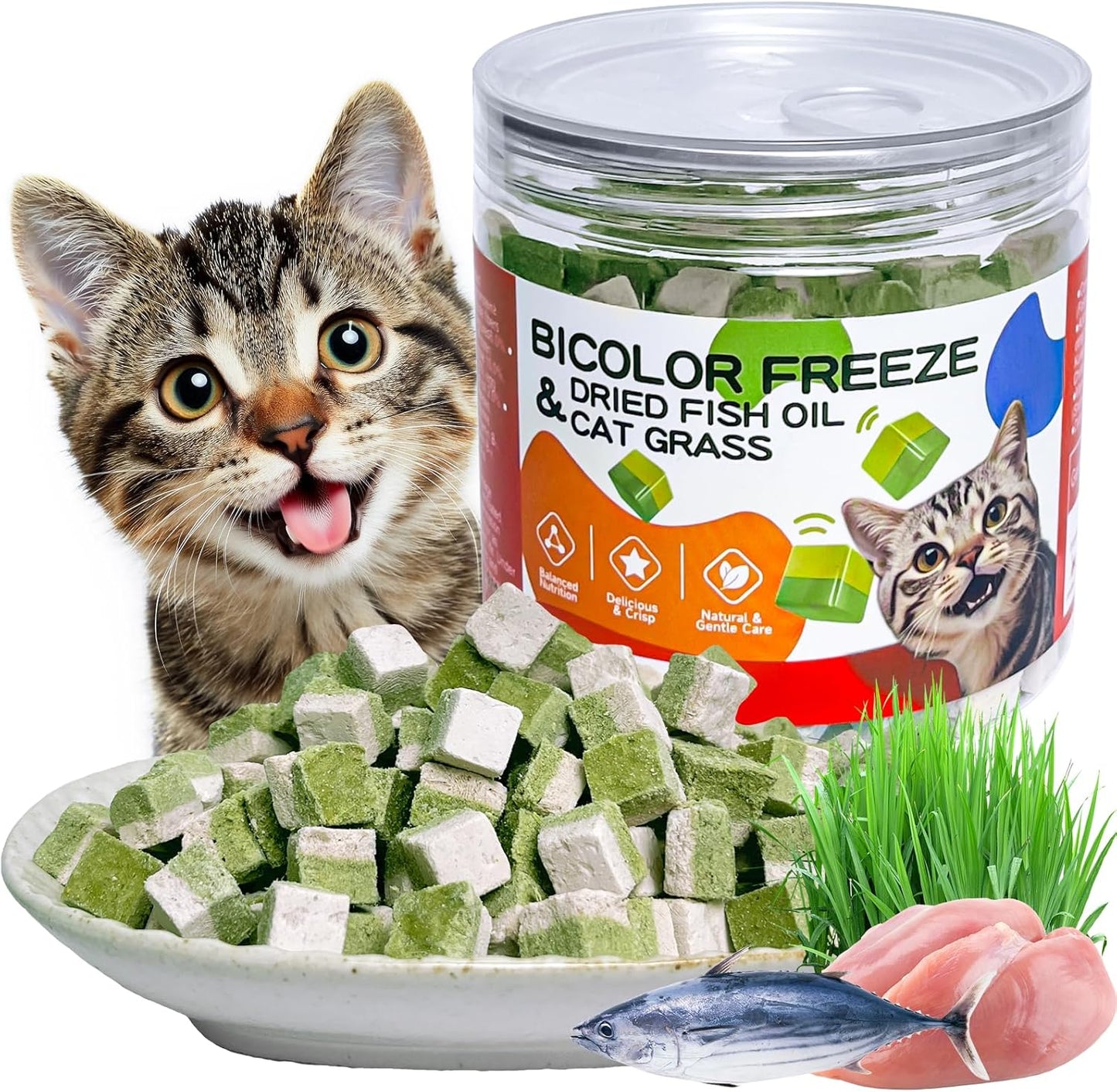 Freeze-Dried Cat Grass Treats with Omega-3 Fish Oil Blend - Hairball Control, Skin & Coat Health for Cats (Chicken & Fish Oil, 1.76 oz)