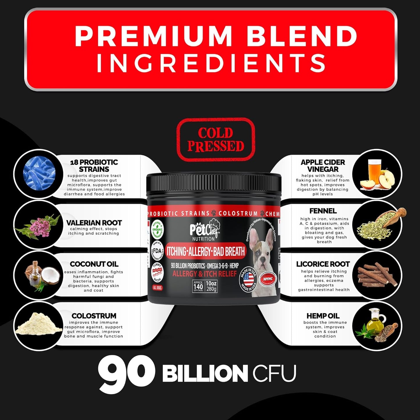 Pet Chef Dog Stop Itching Relief Chew - Anti Itch for Dogs with Omega 3, Salmon Oil - Bacon Flavor - Easy Allergen-Free Immune System Support - Top Allergy Medicine for Dogs. 140ct. Best Value!