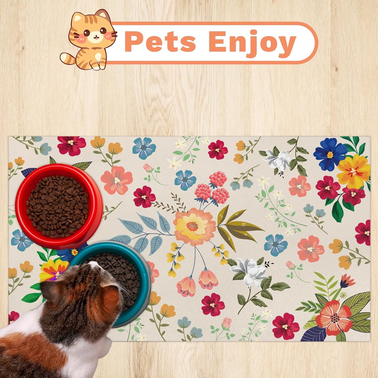 Pet Dog Cat Food Mat, Flower Leaf Pet Feeding Pad, 12 * 20 Inch Absorbent Dog Food Mat, Cat Dish Mat for Food and Water, Suitable for Dog Cat or Other Pets