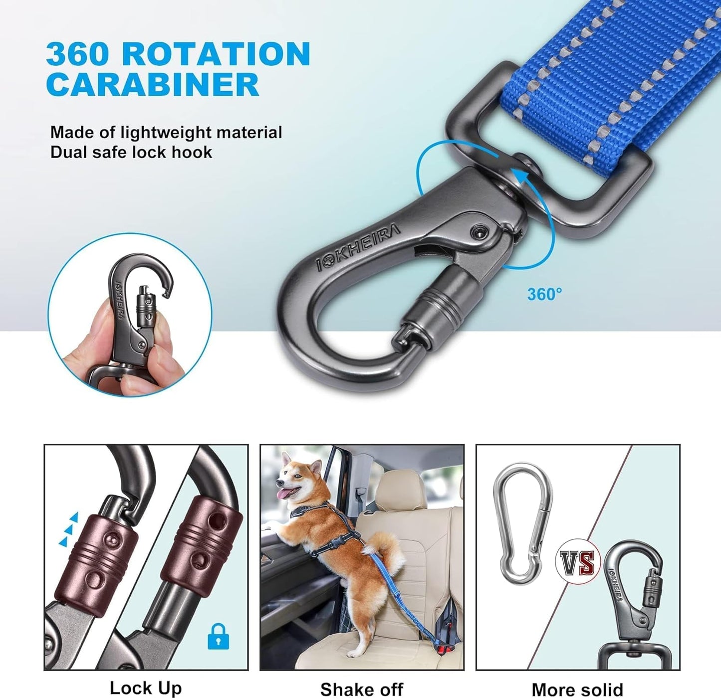 IOKHEIRA Dog Seat Belt 3-in-1 Car Harness for Pets Adjustable Safety Seatbelt Nylon Reflective Bungee Fabric Dog Car Harness with Clip Hook Latch & Buckle, Swivel Zinc Alloy Carabiner (Bule)