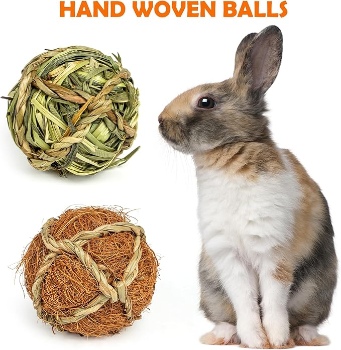 Sofier Rabbit Guinea Pig Bunny Toys 8 Pcs Chew Grass Balls Natural Chews for Rodents Teeth Handmade Enrichment Treats Chinchilla Guinea Pigs Rat Hamster Gerbil Mice