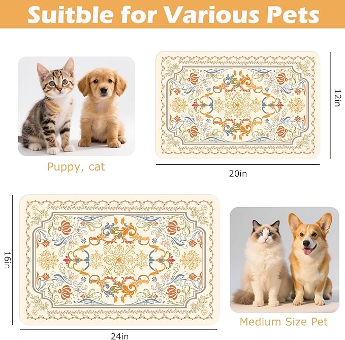 Pet Feeding Mat, Absorbent Cat Dog Mat for Food and Water Bowls Floors, No Stains Quick Dry Cat Dog Feeding Water Bowl Mats for Sloppy Drinkers, Pet Feeding & Watering Supplies (Boho, 12"x 20")
