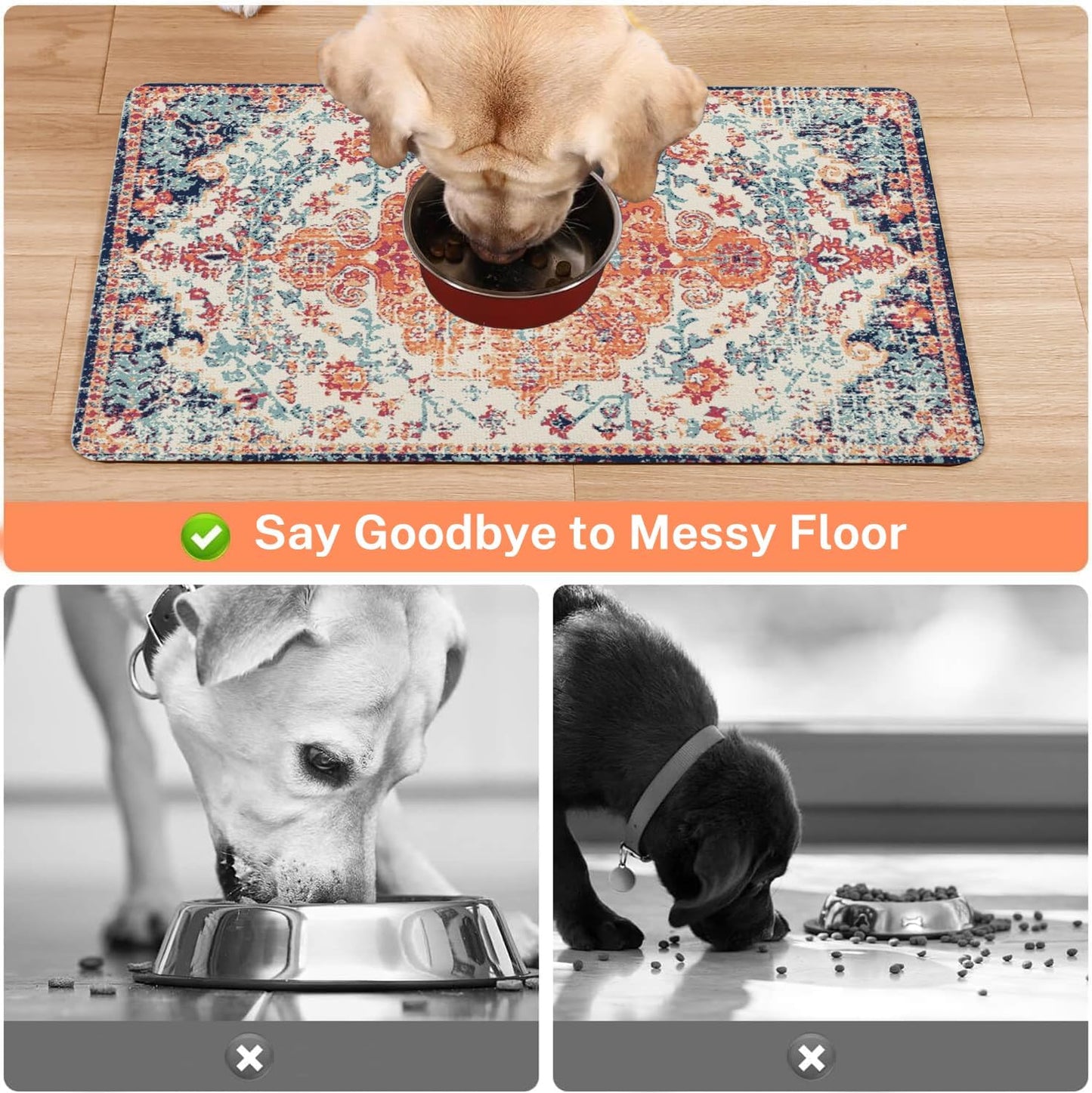 Absorbent Pet Dog Bowl Mat for Food and Water, Pet Cat Food Feeding Mat with Non Slip Rubber Backing, Dog Food Mats for Floors Waterproof, 16"x24"