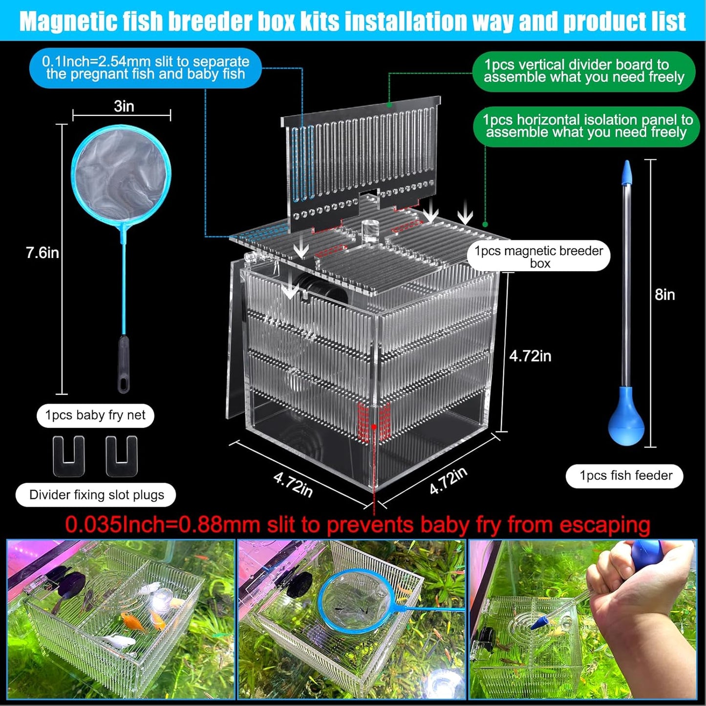 Magnetic Fish Breeder Box for Isolation Boxes (4.71 Inch with 2 Divider（Sealed Bottom Version）)