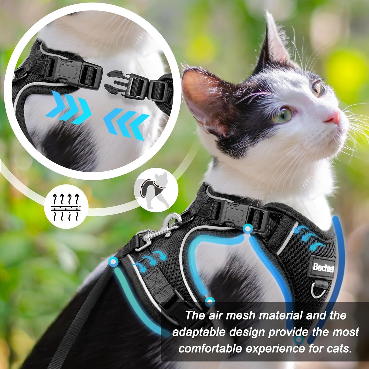 Cat Harness and Leash for Walking, The Upgrade Can be Adjusted in Four Directions and Breathable Cat Harness for Anti Escape That can be Fitted and Positioned, Reflective Strips Harness, Black, M