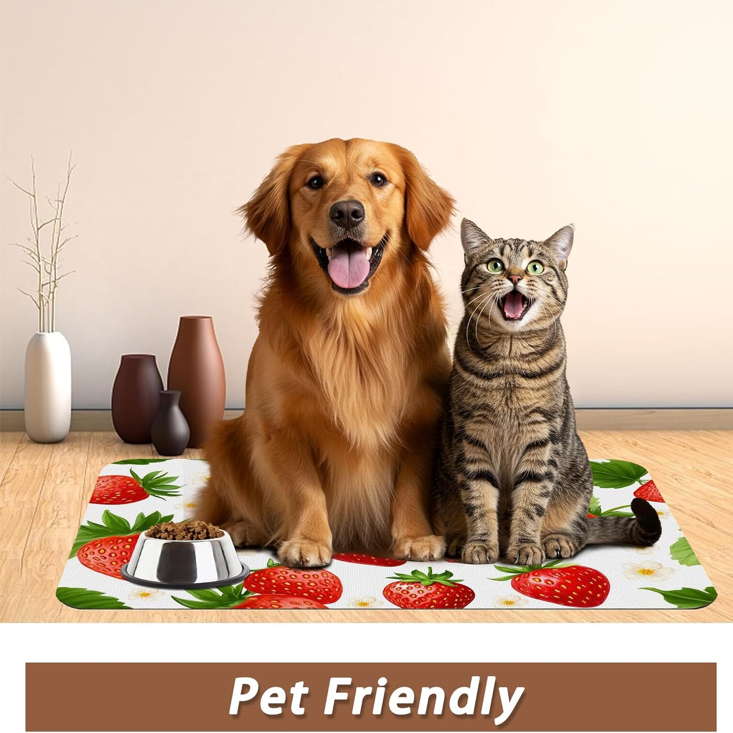Cute Strawberry Flower Dog Cat Food Mat,Absorbent Pet Feeding Mat with Rubber Backing,Non-Slip Water Bowl Placemat,Indoor Pet Accessories Supplies 16"x24"