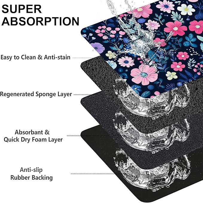 Groovy Wildflowers Pet Feeding Mat-Quick Dry Absorbent Dog Cat Food Mat, Anti-Slip Water Bowl Mats for Messy Eaters-No Stains Indoor Pet Accessories 16"x24"