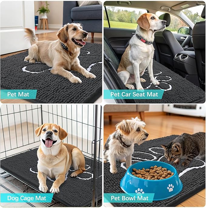 OLANLY Door Mat for Muddy Dog Paws 48x30, Ultra Absorbent Chenille Mud Doormat with Paw Print Design, Non-Slip Washable Doormat for Indoor Entryway, Quick-Dry Pet Bed Mats for Dirty Dogs, Dark Grey