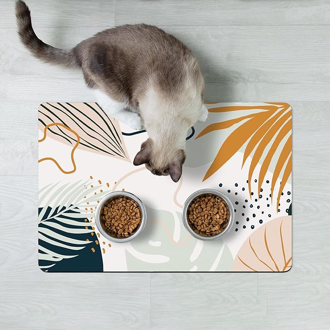 Rnivvi Dog Food Mat, 12" x 19" Boho Absorbent Dog Cat Bowl Mat for Food and Water, Cute Anti-Slip Rubber Pet Feeding Rug Protect Floors, Puppy Placemat for Feeding & Watering Supplies, Tropical Leaves