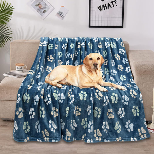 Flannel Pet Blankets for Large Dogs & Cats, Washable, Soft Mat Throw Cover for Kennel, Crate, Bed - Cute Paw Pattern - Navy Blue 50" x 60"