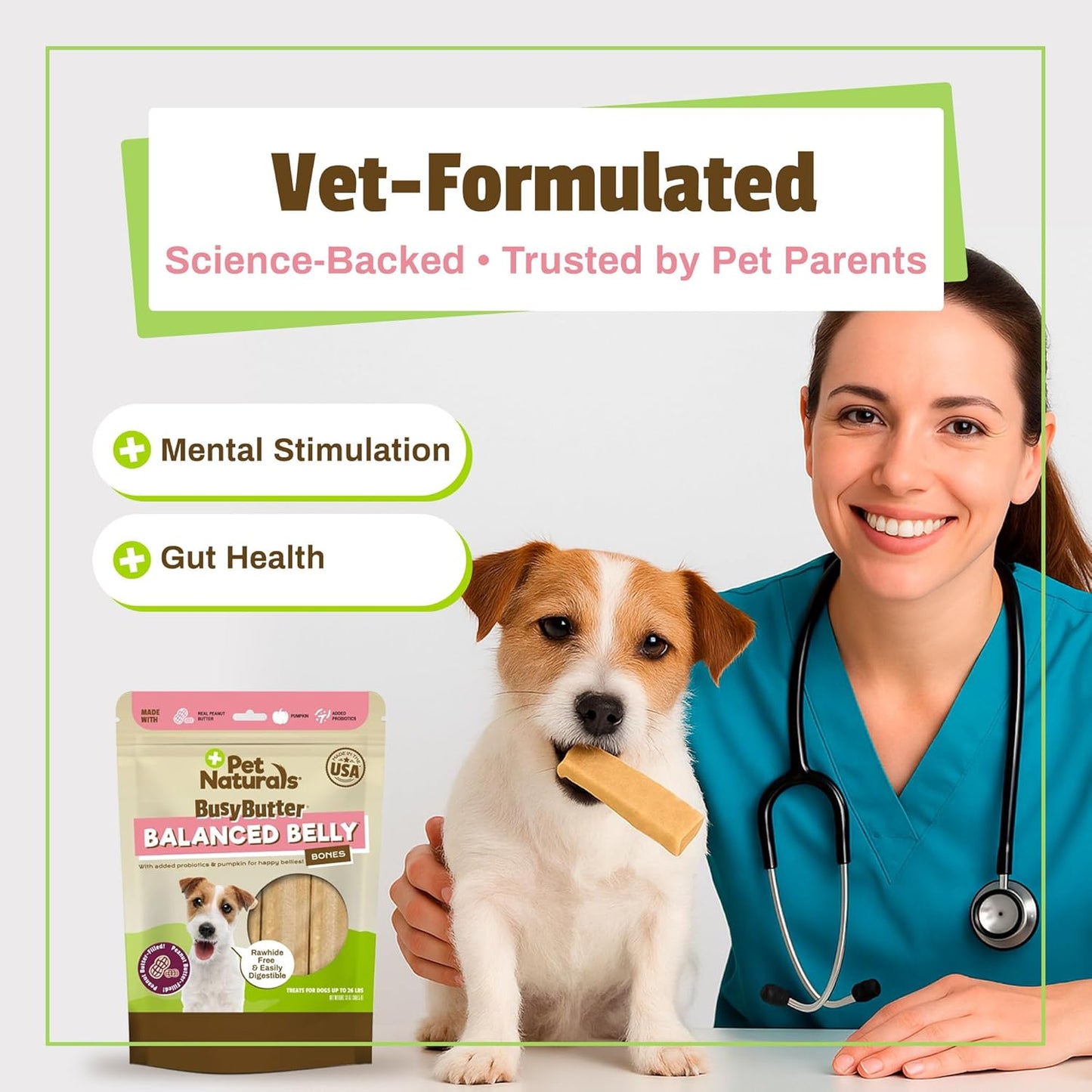 Pet Naturals BusyButter Balanced Belly Peanut Butter Bones, Rawhide-Free Chews for Small Dogs, Long Lasting Chew Bones, Probiotics & Pumpkin for Gut Health, 22 Count