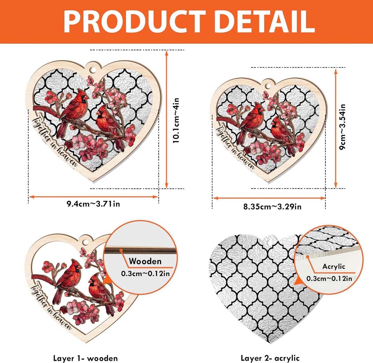 Personalized Cardinal Suncatcher Memorial Ornament – “Together in Heaven” Heart-Shaped Custom Remembrance Gift for Loss of Loved Ones – Stained Glass Cardinal Suncatchers for Windows or Car Display