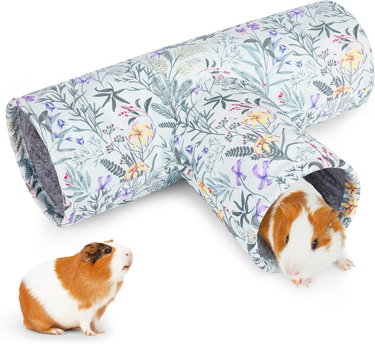 Glittme Guinea Pig Tunnel Washable Guinea Pigs Hideout Portable Rabbit Tunnels Soft Ferret Tunnel for Playing Resting Guinea Pig Accessories for Hedgehogs, Hamster, Flowers and Leaves