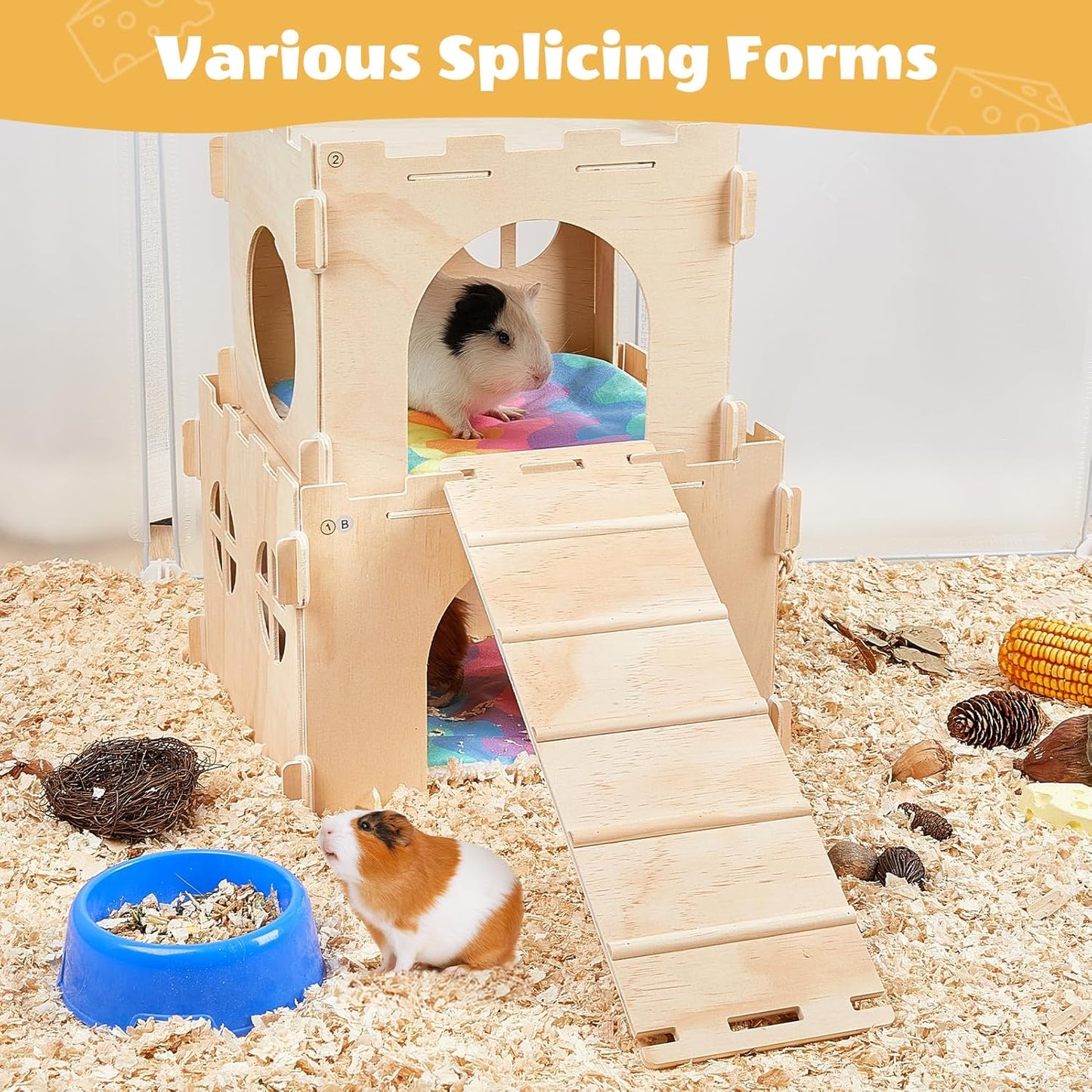 Guinea Pig Hideout, Guinea Pigs House with Stairs and Mats Extra Large Guinea Piggy Castle Detachable Hideouts for Small Animals Wooden Guinea Pig Habitats with Multiple Doors and Windows