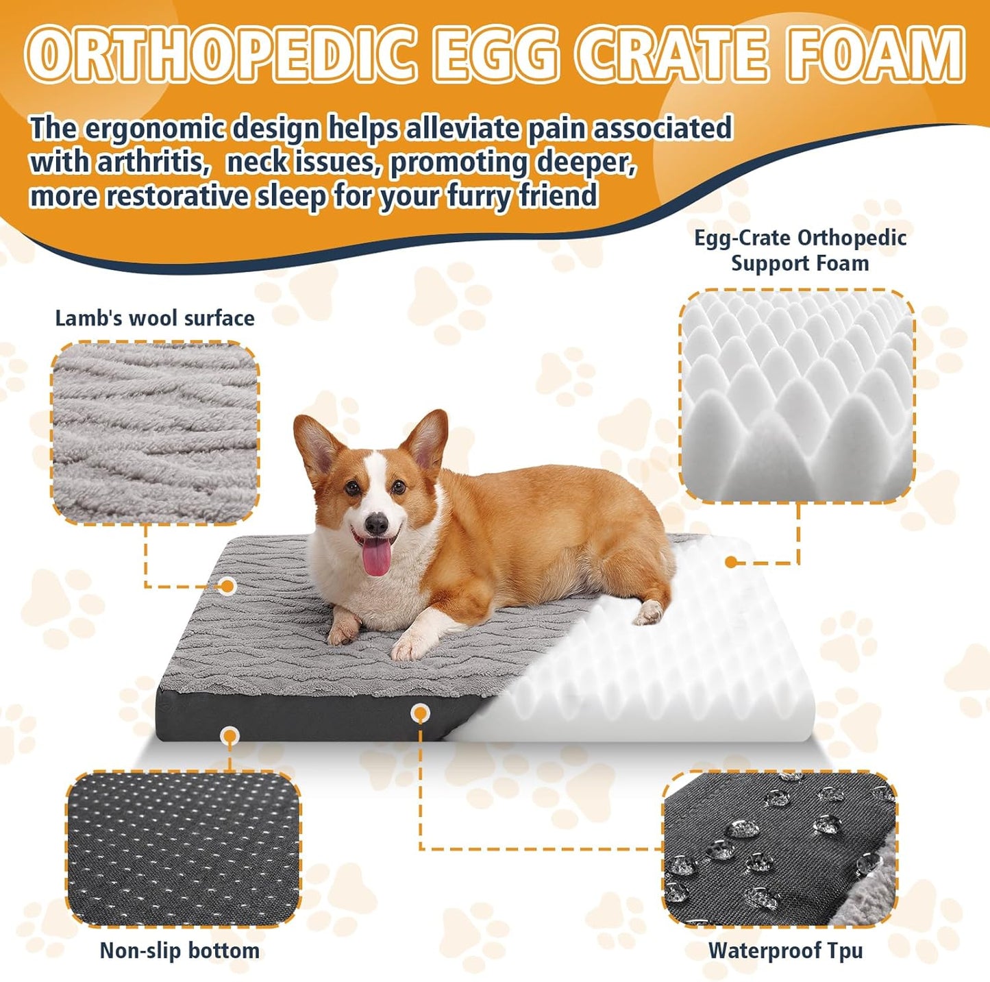 M Waterproof Dog Crate Bed - Soft Comfort Fluffy Memory Foam Pet Bed with Anti-Slip Bottom, Machine Washable Dog Bed for Kennel, 35"x22"x3", Grey