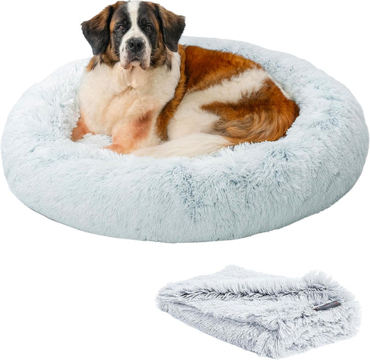 Best Friends by Sheri Bundle Set The Original Calming Shag Donut Cuddler Cat and Dog Bed + Pet Throw Blanket, Frost, Extra Large, 45x45