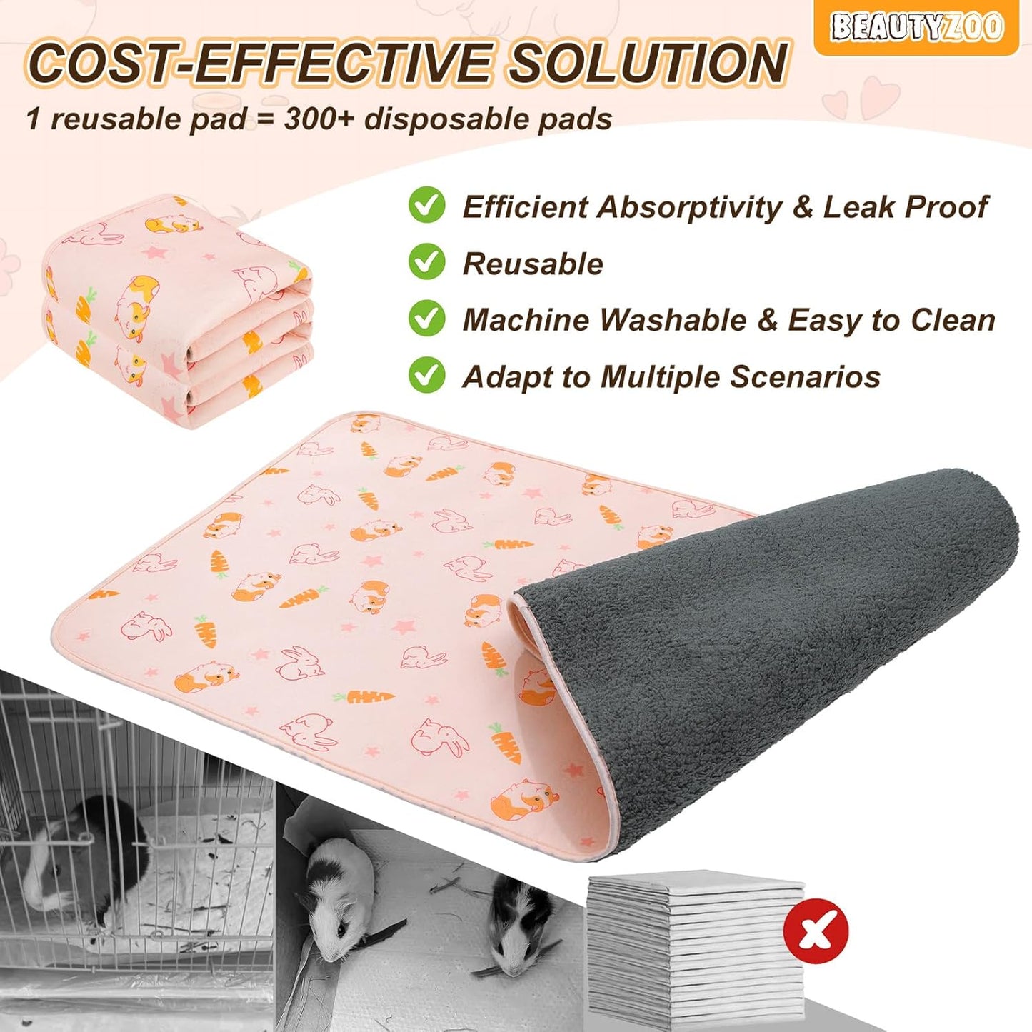 BEAUTYZOO 2 Pack Guinea Pig Cage Liners, Washable Reversible Fleece Guinea Pig Bedding, Waterproof Super Absorbent Pee Pads for Small Animals Rabbit Hamster Bunny - 24"x47" Pink