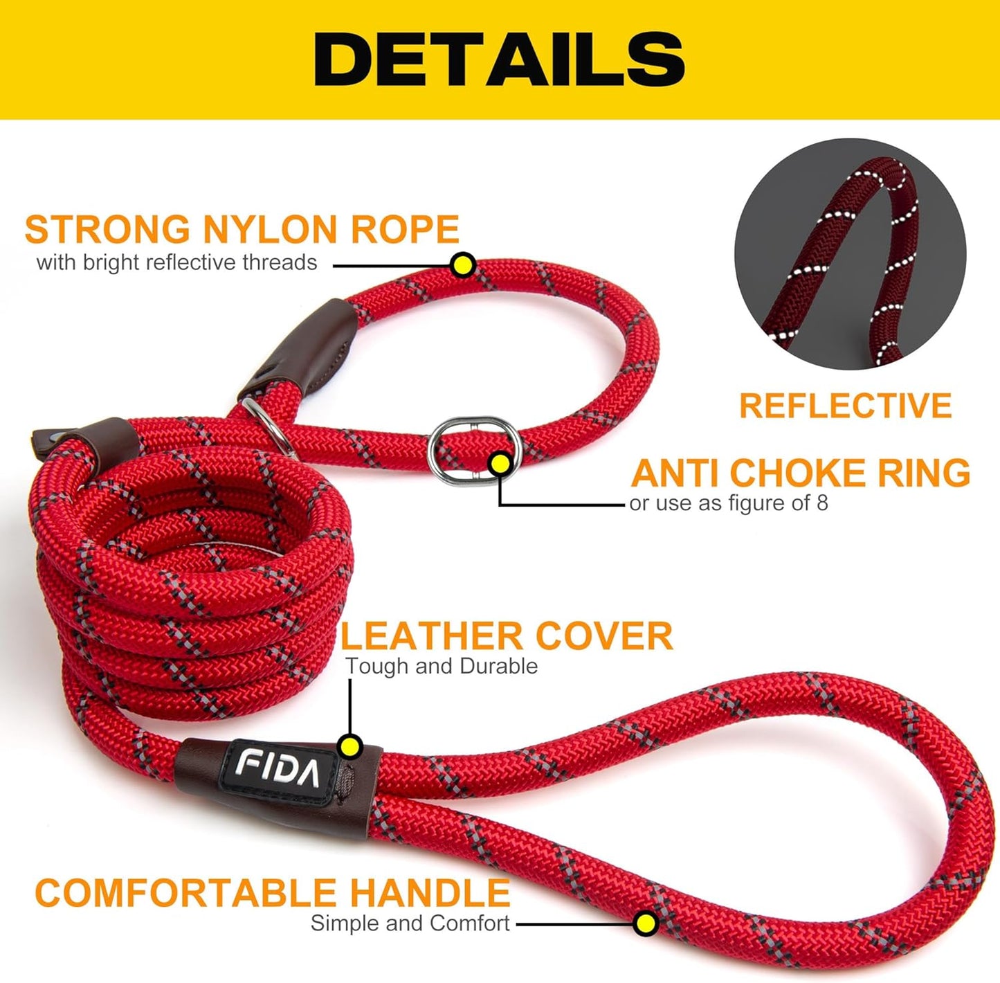 Fida Durable Slip Lead Dog Leash, 6 FT x 3/8" Heavy Duty Comfortable Strong Rope Slip Lead for Small Dogs and Puppies, No Pull Pet Training Leash with Highly Reflective (3/8", Red)