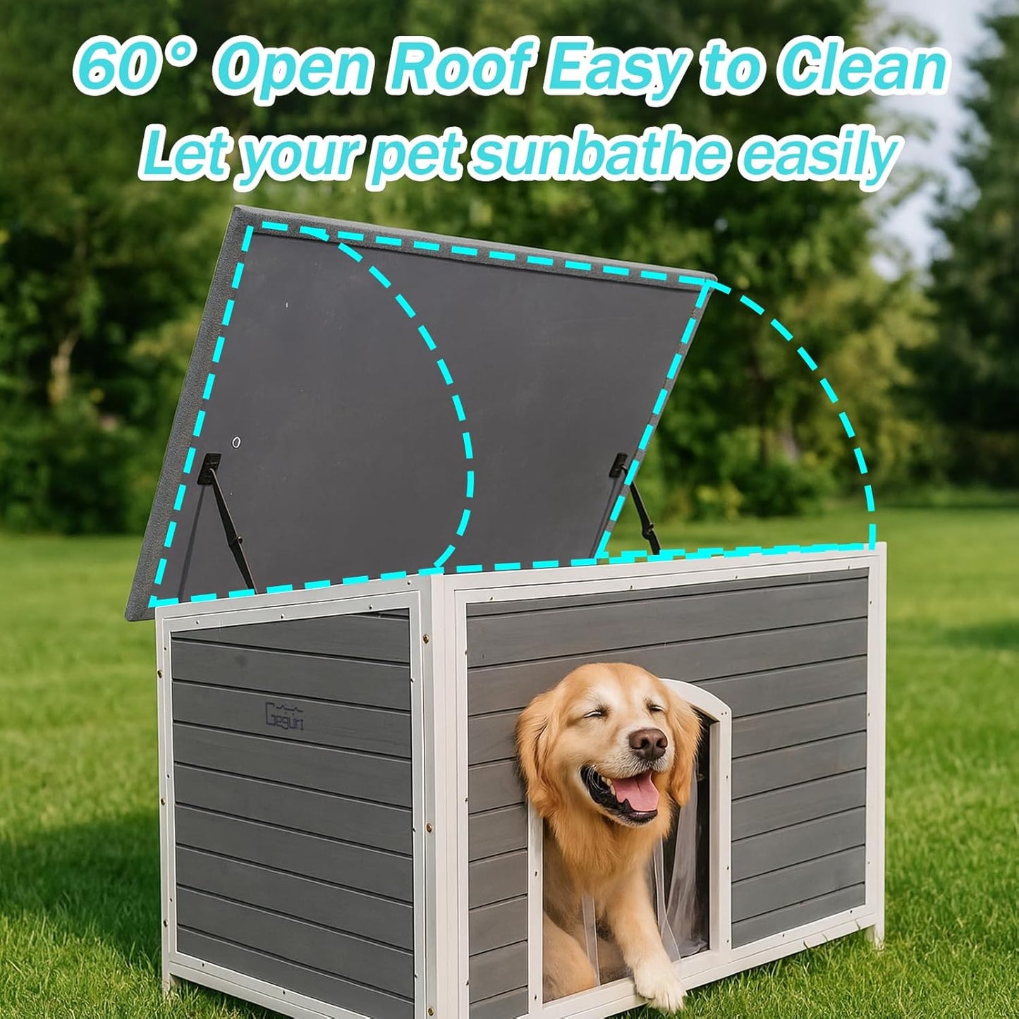Geguri Large Outdoor Wooden Dog House for Medium to Large Dogs | Weatherproof Asphalt Roof, Chew-Resistant Frame,Indoor/Outdoor Use (Grey, 43.3" L × 26.4" W × 29.5" H)