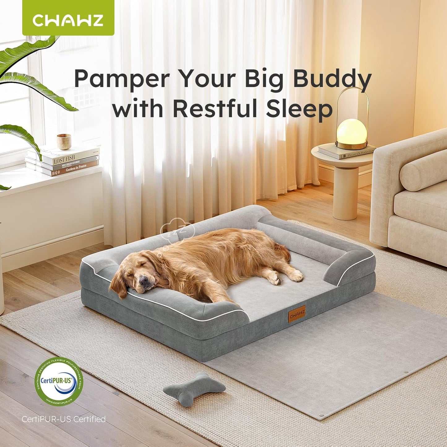 Extra Large Dog Bed, Orthopedic Pet Bed with Cooling Gel Memory Foam, Waterproof XL Dog Bed with Removable Washable Cover, 42" Pet Sofa Couch Dutch Velvet with Blanket Bone Toy, Light Gray