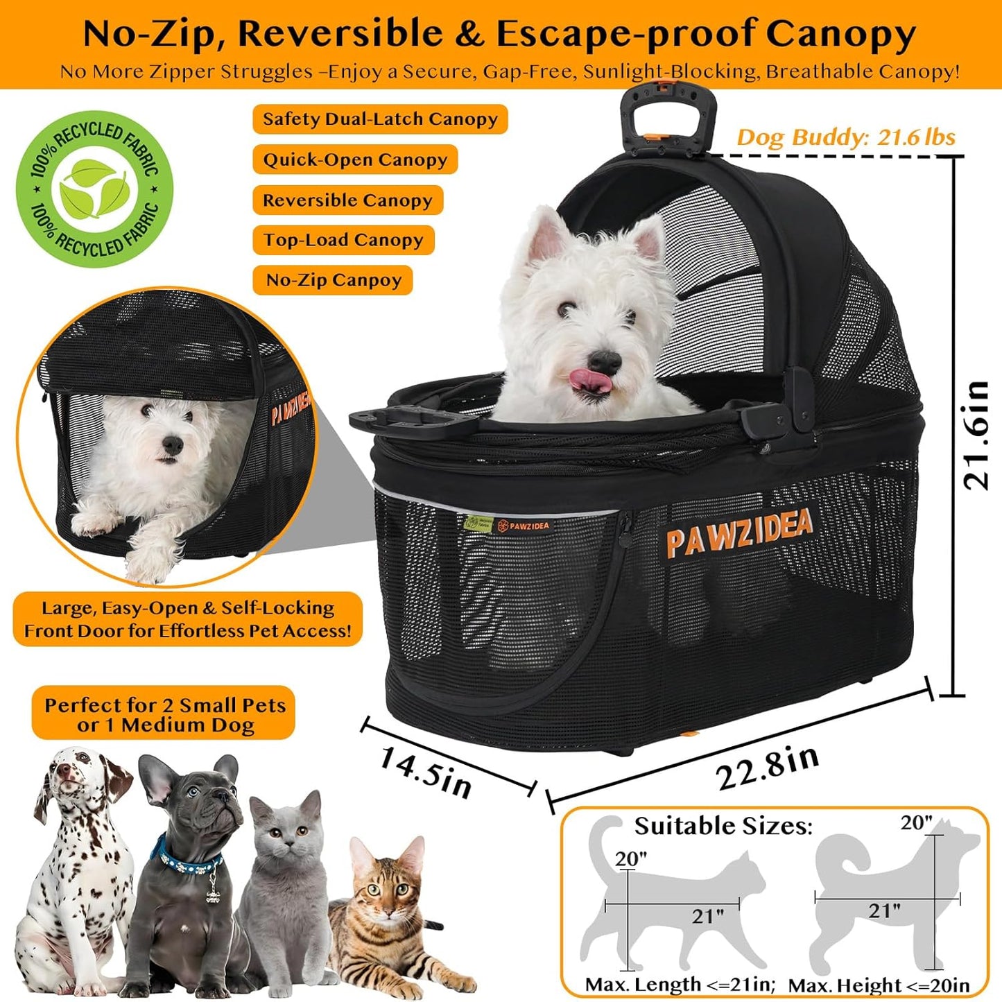 PAWZIDEA Pet Stroller 4 in 1, Cat Strollers with Detachable Carrier No-Zip Canopy, Portable Dog Crate for Car Seat Travel, Foldable & Lightweight Jogger for Small/Medium Dogs and Cats, Storage Basket