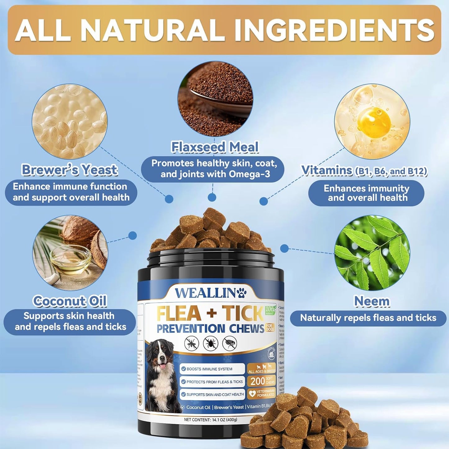 Flea and Tick Prevention for Dogs, 200 Soft Chews for Dog Fleas Ticks Treatment, Natural Dogs Oral Flea Chewables Support Supplement, Flea and Tick Chews for All Breeds & Sizes