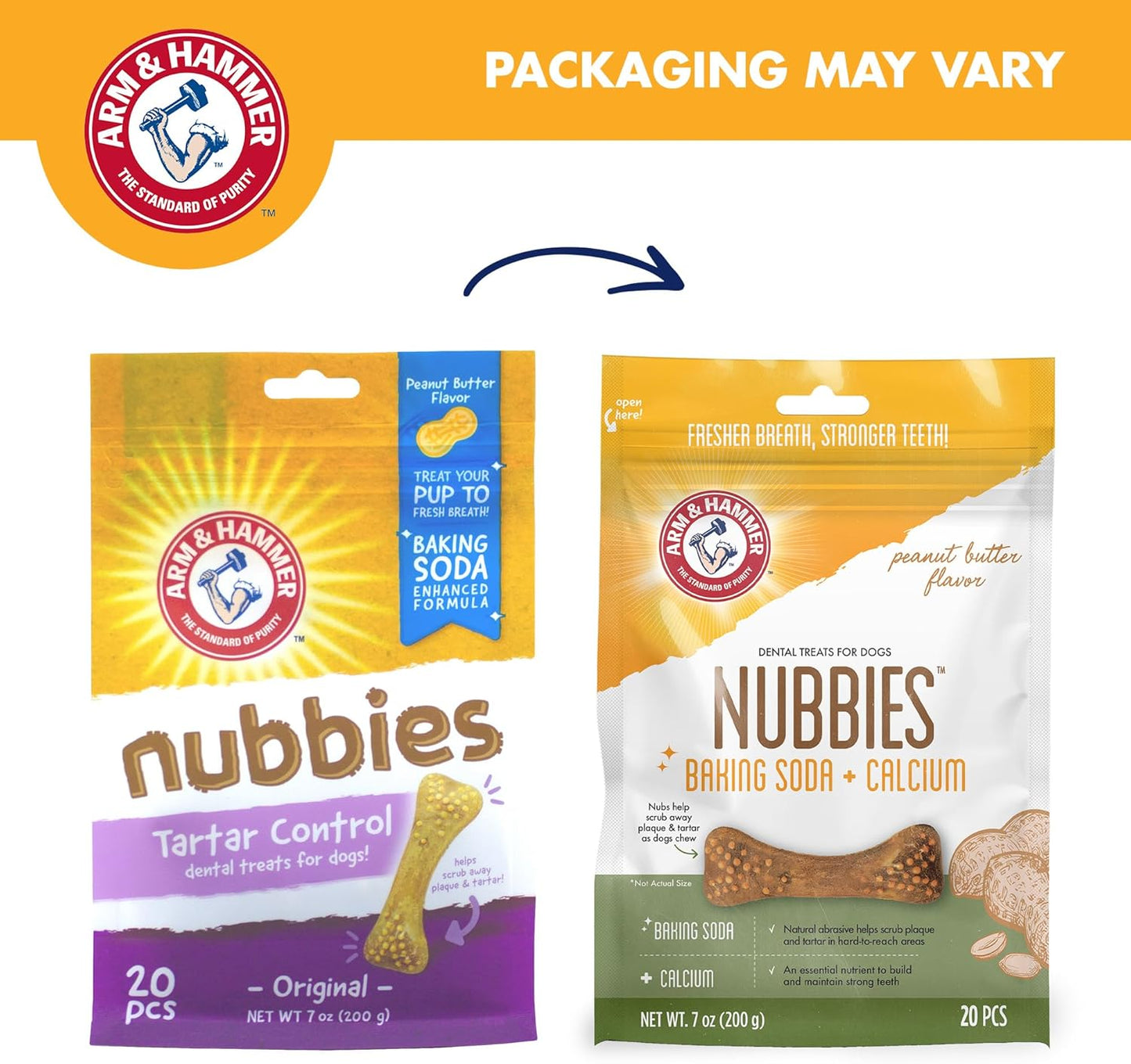 Arm & Hammer for Pets Nubbies Dental Treats for Dogs with Baking Soda and Calcium, Treat Chews Help Fight Bad Breath, Plaque & Tartar without Brushing, Peanut Butter, 20 Pcs (Packaging may vary)