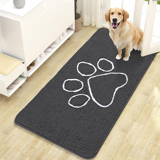 OLANLY Door Mat for Muddy Dog Paws 47x24, Ultra Absorbent Chenille Mud Doormat with Paw Print Design, Non-Slip Washable Doormat for Indoor Entryway, Quick-Dry Pet Bed Mats for Dirty Dogs, Dark Grey