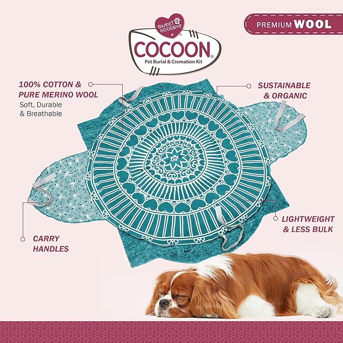 Cocoon® - Eco-Friendly Pet Burial & Cremation Ceremony Kit (Premium Wool) - Casket for Dogs and Cats – Size for Every Breed (Choose Size & Color) (Medium, Teal Green)