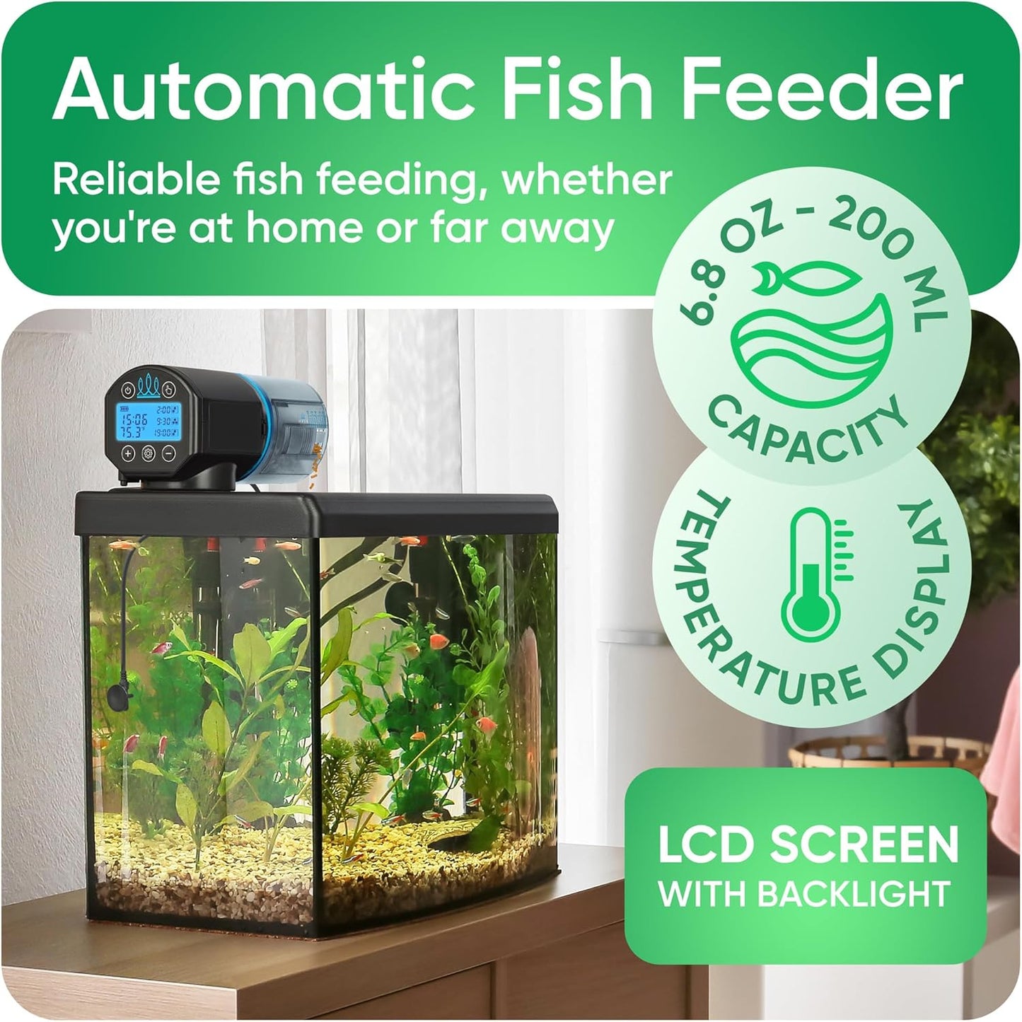 FISHNOSH Automatic Fish Feeder for Aquarium with Digital Thermometer - 2025 Auto Fish Food Dispenser Programmable, Vacation Feeder for Fish, Adjustable Portions, Auto Fish Feeder for Small & Big Tanks