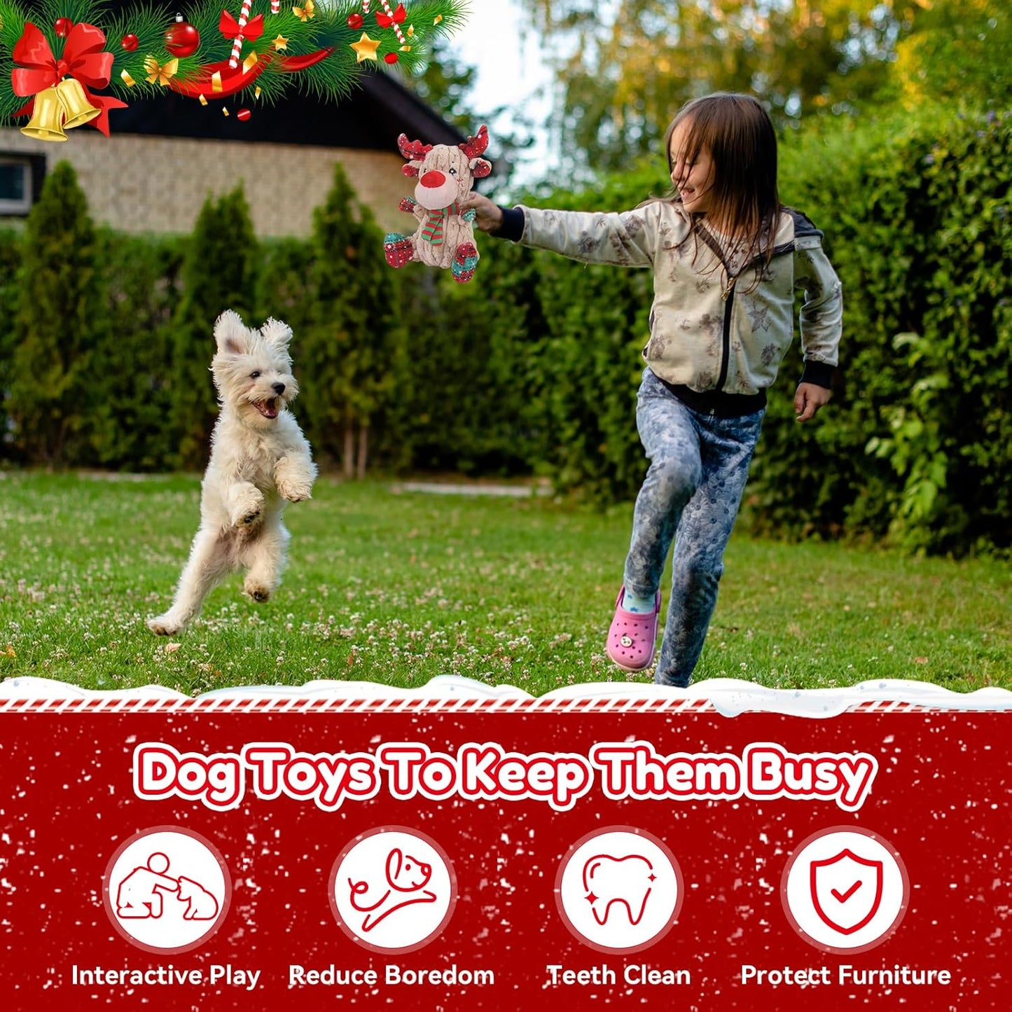 Christmas Dog Toys, Funny Squeaky Reindeer Toy with Crinkle Paper Attract Pets, Interactive Plush Chew Toys, Adorable Christmas Elk Dog Gifts for Small Medium Large Dogs