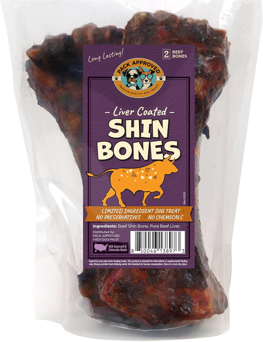 Beef Shin Bones for Dogs - Liver Coated Long Lasting Dog Chews for Aggressive Chewers - Rawhide-Free Big Bones for Large Dogs - Healthy Large Dog Bone (2 Pack)