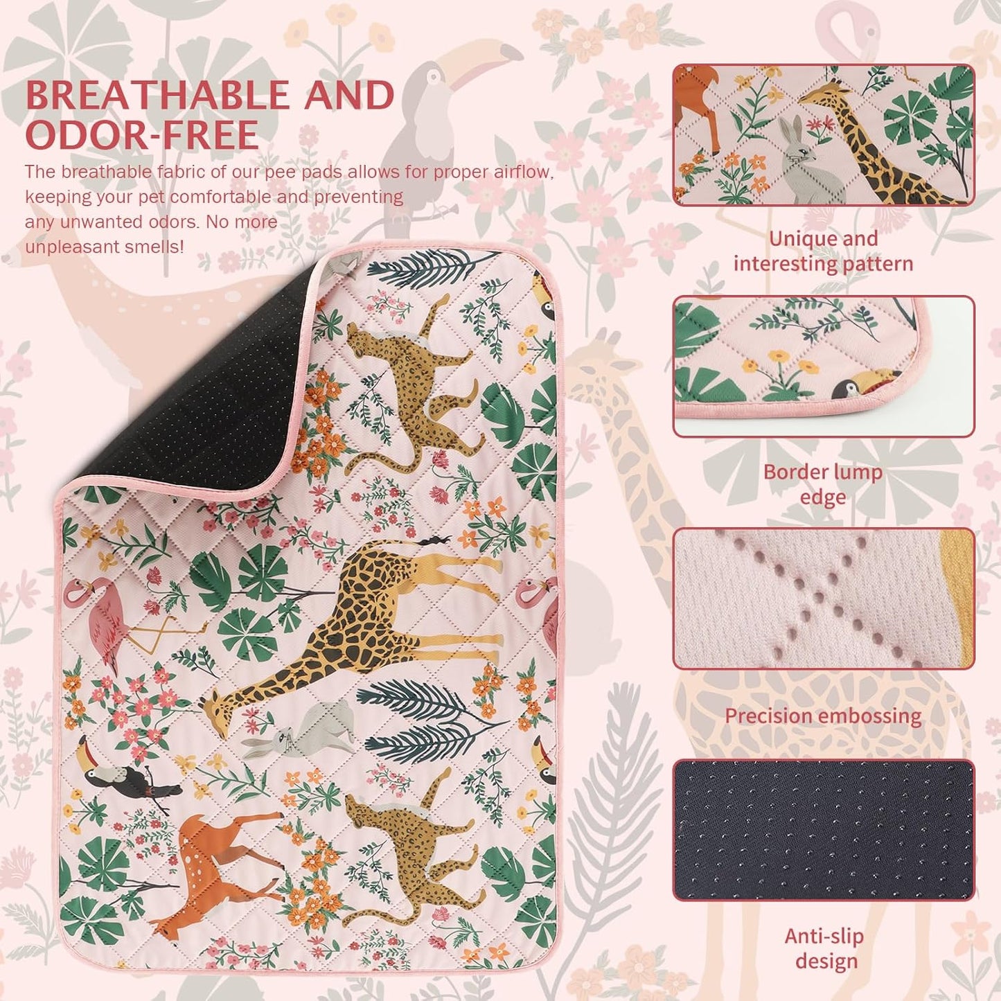 IEUUMLER Washable Pee Pads for Dogs, 2 Pack Forest Pattern Reusable Waterproof Puppy Pads, Non-Slip Super Absorbent Dog Training Pad for Playpen Crate Bed EU013 Pink Jungle, 41x36