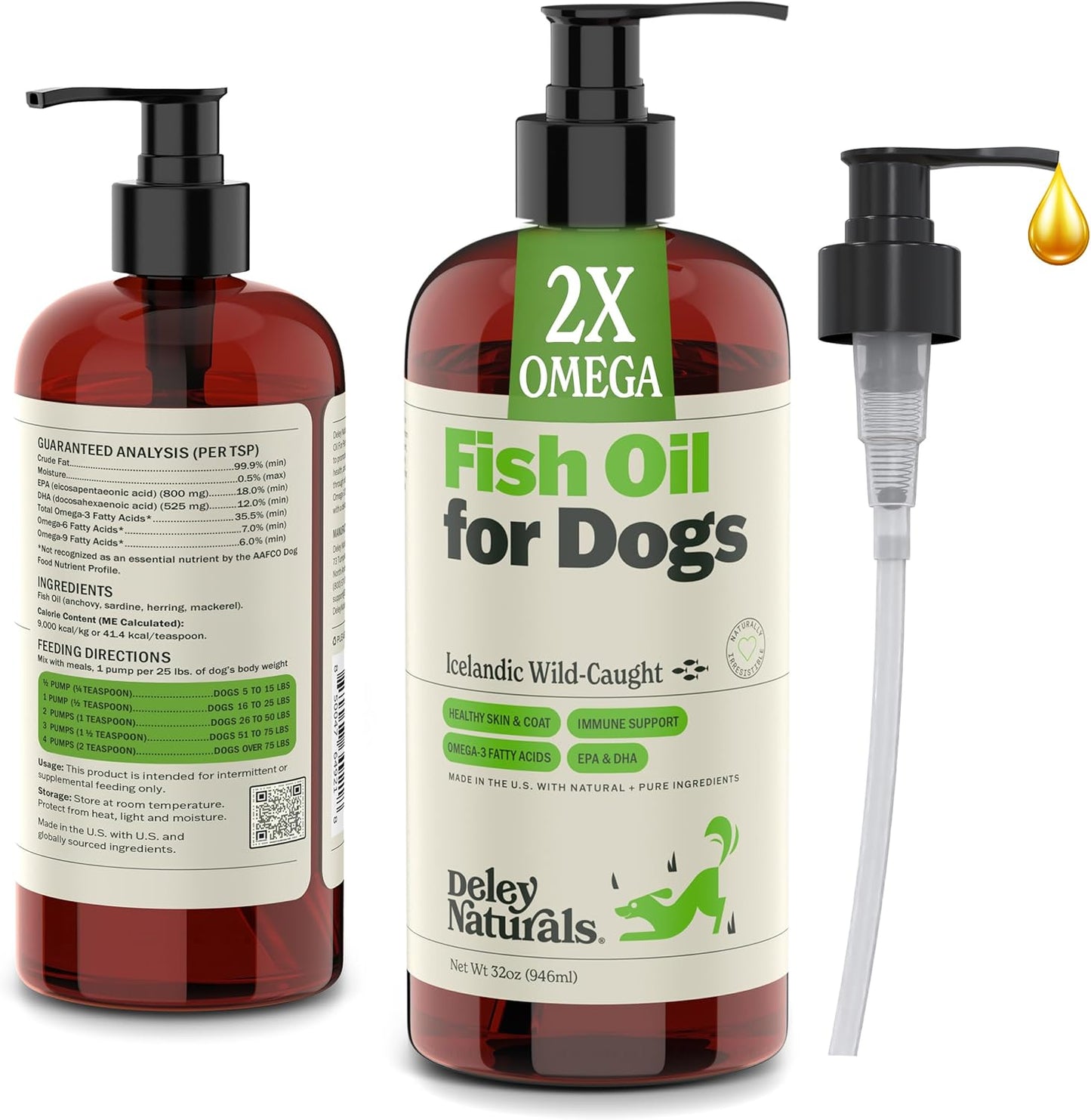 Deley Naturals Dog Fish Oil Icelandic 2X Omega - Dog Itching Skin Relief with Omega 3 6 9 for Allergies, Coat & Heart - Omega 3 Fish Oil for Dogs Skin Irritation - 32oz Omega Oil for Dogs Made in USA